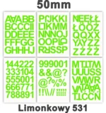 Samoprzylepny alfabet i cyfry 50 mm kolor limonkowy Samoprzylepny alfabet i cyfry 50 mm kolor limonkowy z folii winylowej