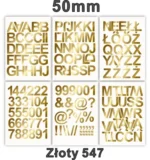 Samoprzylepny alfabet i cyfry 50 mm kolor złoty metalizowany Samoprzylepny alfabet i cyfry 50 mm kolor złoty metalizowany z folii winylowej