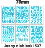 Samoprzylepny alfabet i cyfry 75 mm kolor jasny niebieski z folii winylowej