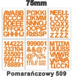 Samoprzylepny alfabet i cyfry 75 mm kolor pomarańczowy z folii winylowej