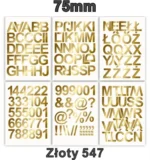 Samoprzylepny alfabet i cyfry 75 mm kolor złoty metalizowany z folii winylowej